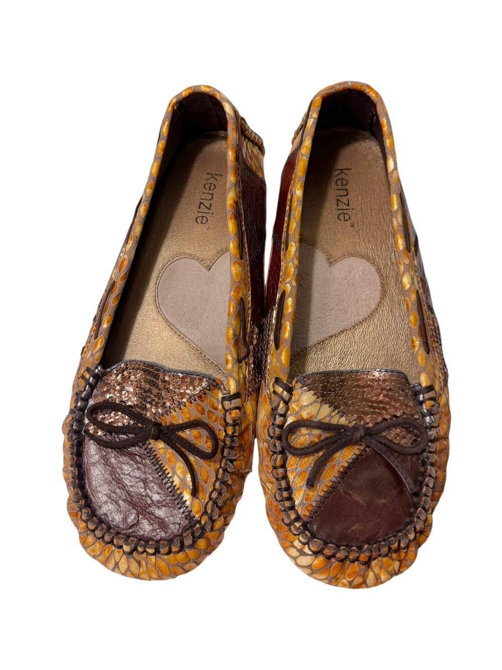Kenzie Devia Patchwork Leather Loafers Women's 7.5 Slip-On Brown Gold Sequin NEW